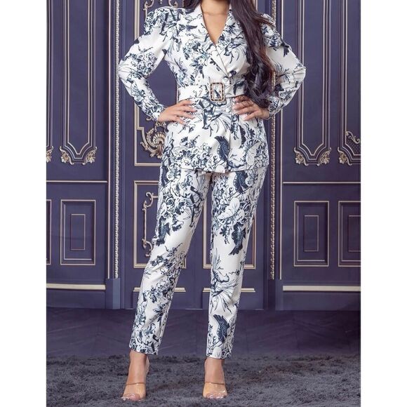 Bird Print Jacket and Cigarette Pants. - Picture 1 of 12